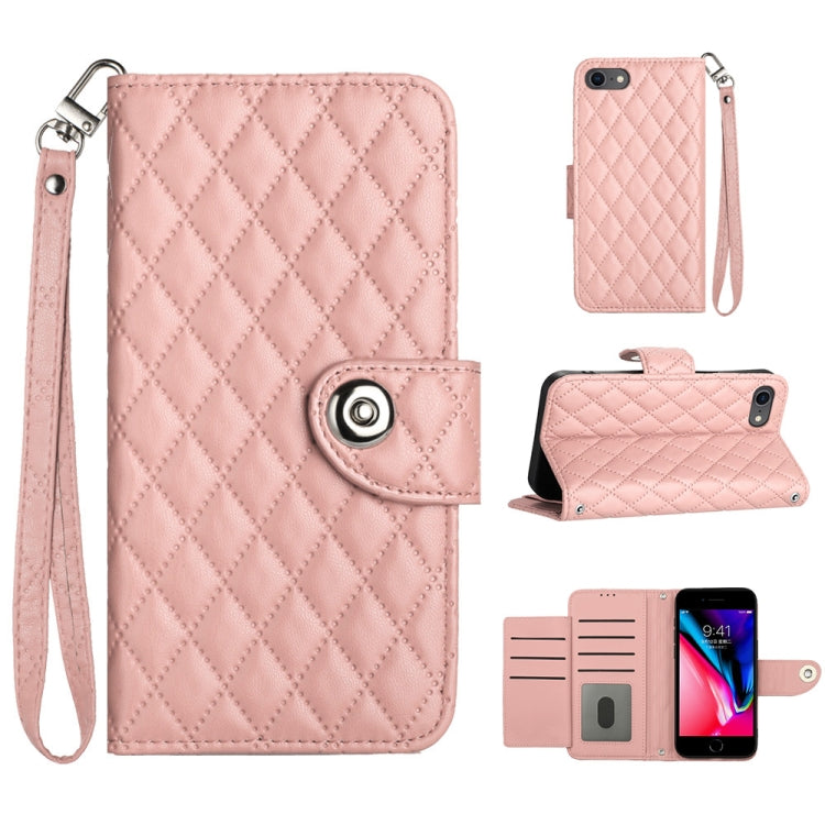Rhombic Texture Flip Leather Phone Case with Lanyard – Wear-resistant, Lanyard, Card Slot, For iPhone 14 Pro Max, For iPhone SE 2022 / 2020 / 8 / 7, For iPhone 13 Pro Max, For iPhone 13 Pro For iPhone SE 2022 2020 8 7 Coral Pink