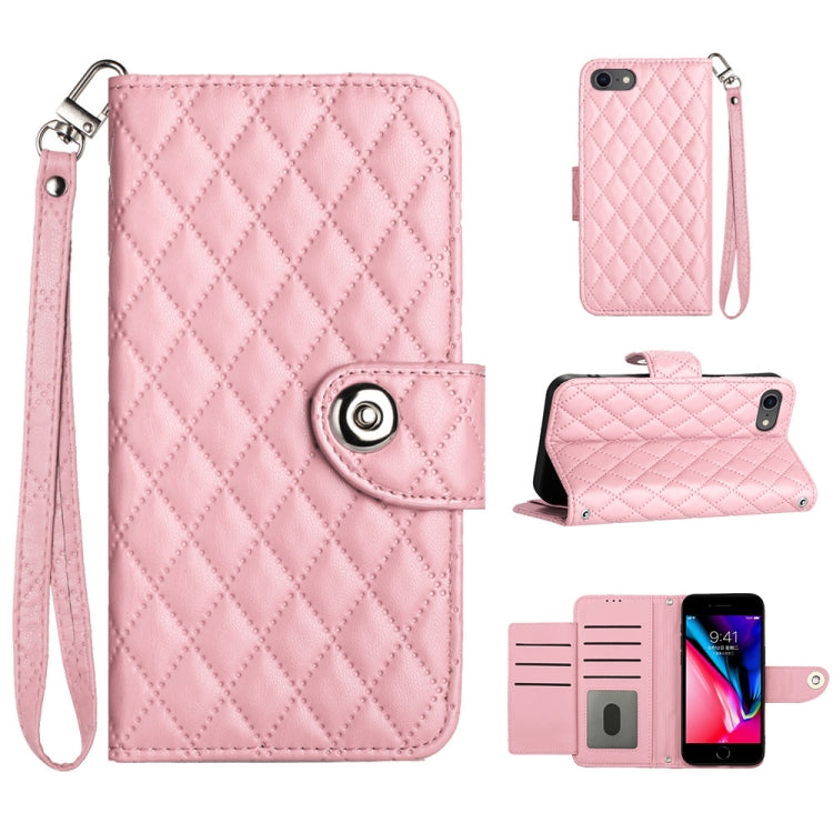 Rhombic Texture Flip Leather Phone Case with Lanyard – Wear-resistant, Lanyard, Card Slot, For iPhone 14 Pro Max, For iPhone SE 2022 / 2020 / 8 / 7, For iPhone 13 Pro Max, For iPhone 13 Pro For iPhone SE 2022 2020 8 7 Pink