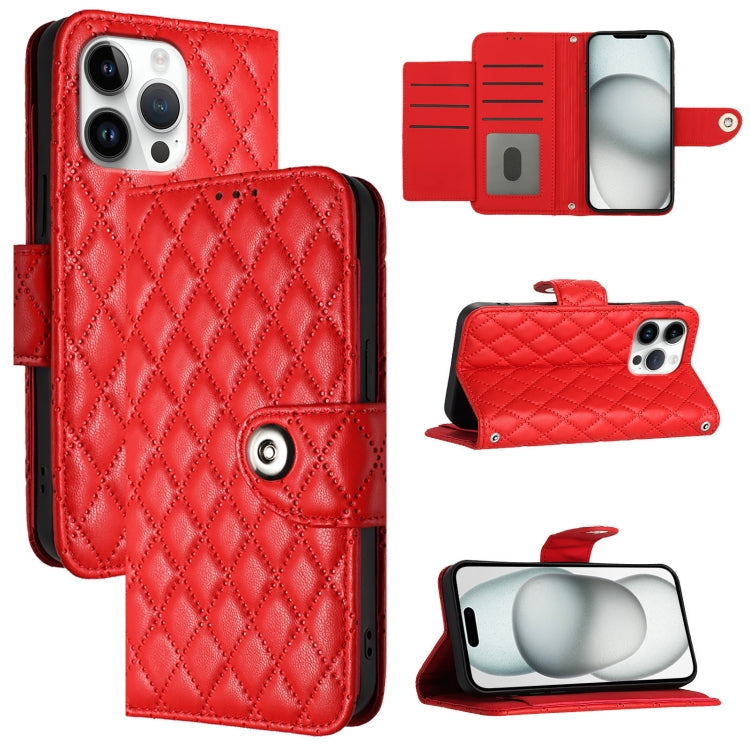 Rhombic Texture Flip Leather Phone Case with Lanyard – Wear-resistant, Lanyard, Card Slot, For iPhone SE 2024, For iPhone 16 Pro Max, For iPhone 16 Pro, For iPhone 16 Plus For iPhone 16 Pro Max Red