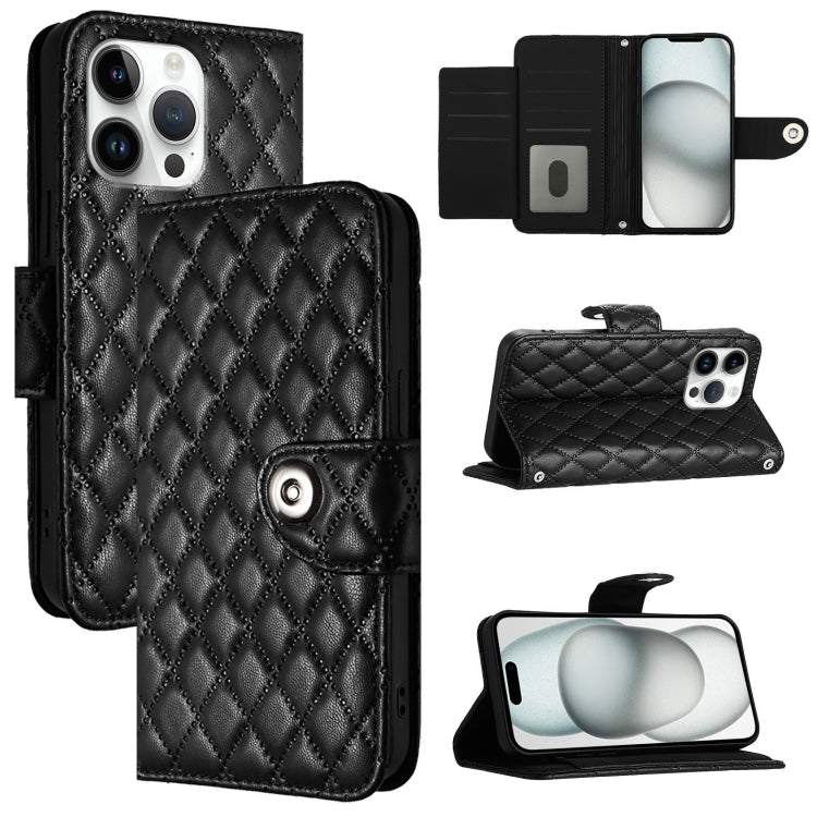 Rhombic Texture Flip Leather Phone Case with Lanyard – Wear-resistant, Lanyard, Card Slot, For iPhone SE 2024, For iPhone 16 Pro Max, For iPhone 16 Pro, For iPhone 16 Plus For iPhone 16 Pro Max Black