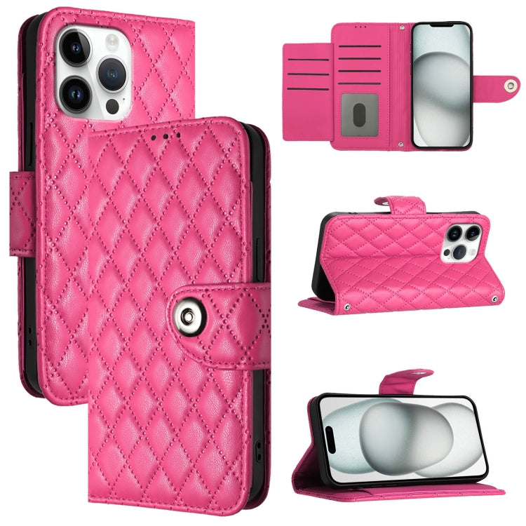 Rhombic Texture Flip Leather Phone Case with Lanyard – Wear-resistant, Lanyard, Card Slot, For iPhone SE 2024, For iPhone 16 Pro Max, For iPhone 16 Pro, For iPhone 16 Plus For iPhone 16 Pro Max Rose Red
