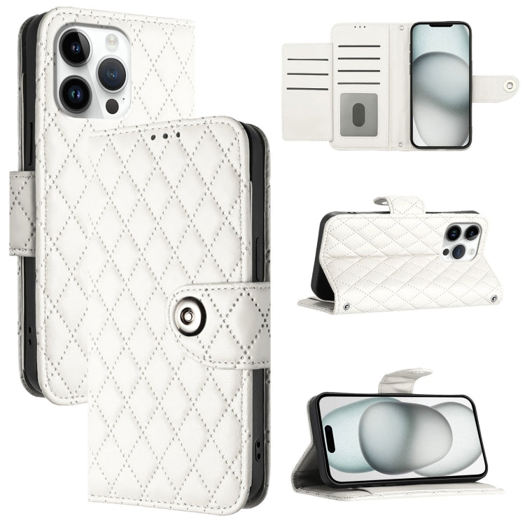 Rhombic Texture Flip Leather Phone Case with Lanyard – Wear-resistant, Lanyard, Card Slot, For iPhone SE 2024, For iPhone 16 Pro Max, For iPhone 16 Pro, For iPhone 16 Plus For iPhone 16 Pro Max White