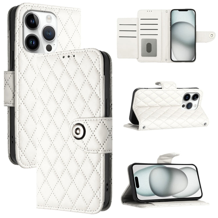 Rhombic Texture Flip Leather Phone Case with Lanyard – Wear-resistant, Lanyard, Card Slot, For iPhone SE 2024, For iPhone 16 Pro Max, For iPhone 16 Pro, For iPhone 16 Plus For iPhone 16 Pro White