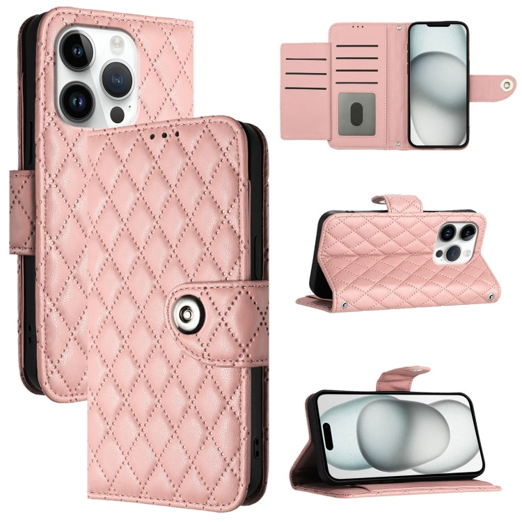 Rhombic Texture Flip Leather Phone Case with Lanyard – Wear-resistant, Lanyard, Card Slot, For iPhone SE 2024, For iPhone 16 Pro Max, For iPhone 16 Pro, For iPhone 16 Plus For iPhone 16 Pro Coral Pink
