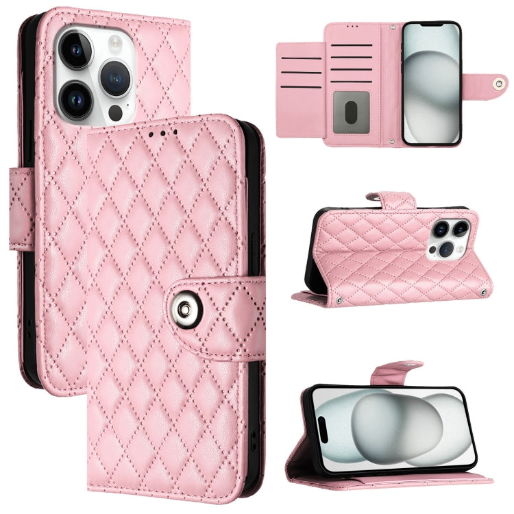 Rhombic Texture Flip Leather Phone Case with Lanyard – Wear-resistant, Lanyard, Card Slot, For iPhone SE 2024, For iPhone 16 Pro Max, For iPhone 16 Pro, For iPhone 16 Plus For iPhone 16 Pro Pink