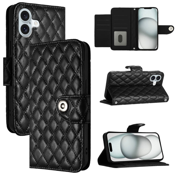 Rhombic Texture Flip Leather Phone Case with Lanyard – Wear-resistant, Lanyard, Card Slot, For iPhone SE 2024, For iPhone 16 Pro Max, For iPhone 16 Pro, For iPhone 16 Plus For iPhone 16 Plus Black