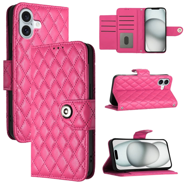 Rhombic Texture Flip Leather Phone Case with Lanyard – Wear-resistant, Lanyard, Card Slot, For iPhone SE 2024, For iPhone 16 Pro Max, For iPhone 16 Pro, For iPhone 16 Plus For iPhone 16 Plus Rose Red