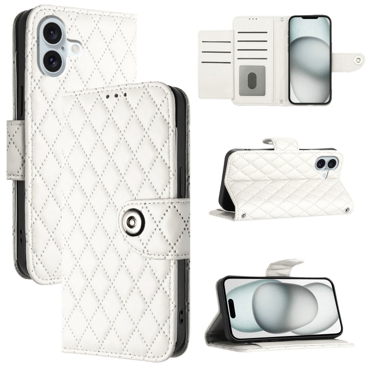 Rhombic Texture Flip Leather Phone Case with Lanyard – Wear-resistant, Lanyard, Card Slot, For iPhone SE 2024, For iPhone 16 Pro Max, For iPhone 16 Pro, For iPhone 16 Plus For iPhone 16 Plus White