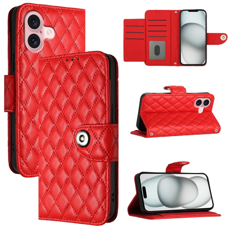 Rhombic Texture Flip Leather Phone Case with Lanyard, For iPhone 16, For iPhone 15 Pro Max, For iPhone 15 Pro, For iPhone 15 Plus For iPhone 16 Red