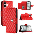 Rhombic Texture Flip Leather Phone Case with Lanyard, For iPhone 16, For iPhone 15 Pro Max, For iPhone 15 Pro, For iPhone 15 Plus For iPhone 16 Red