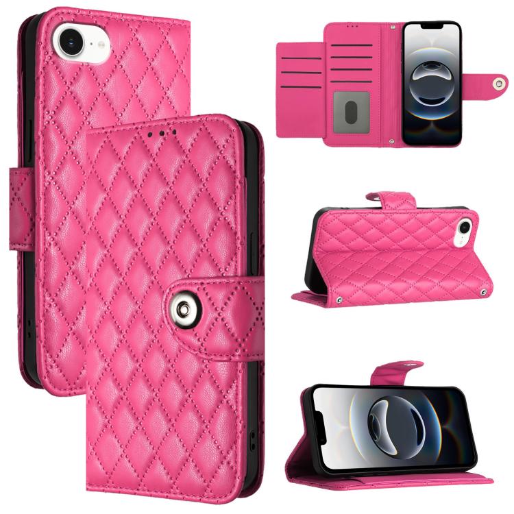 Rhombic Texture Flip Leather Phone Case with Lanyard – Wear-resistant, Lanyard, Card Slot, For iPhone SE 2024, For iPhone 16 Pro Max, For iPhone 16 Pro, For iPhone 16 Plus For iPhone SE 2024 Rose Red