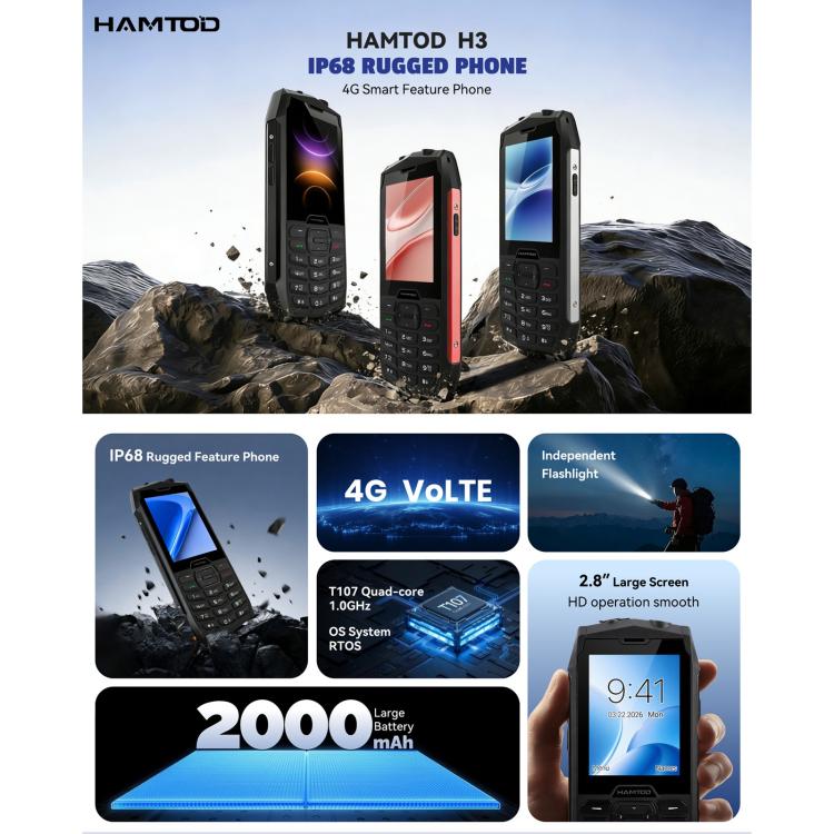 HAMTOD H3 Rugged Phone, 2.8 inch T107 ARM CortexTM A7 Quad-core 1.0GHz, Network: 4G, VoLTE, BT, SOS, EU Version