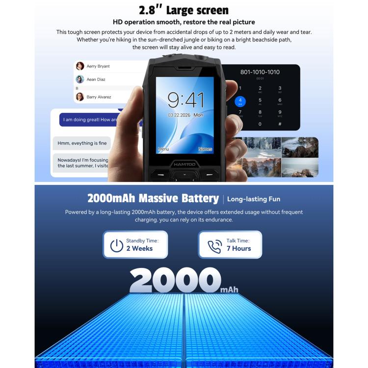 HAMTOD H3 Rugged Phone, 2.8 inch T107 ARM CortexTM A7 Quad-core 1.0GHz, Network: 4G, VoLTE, BT, SOS, EU Version