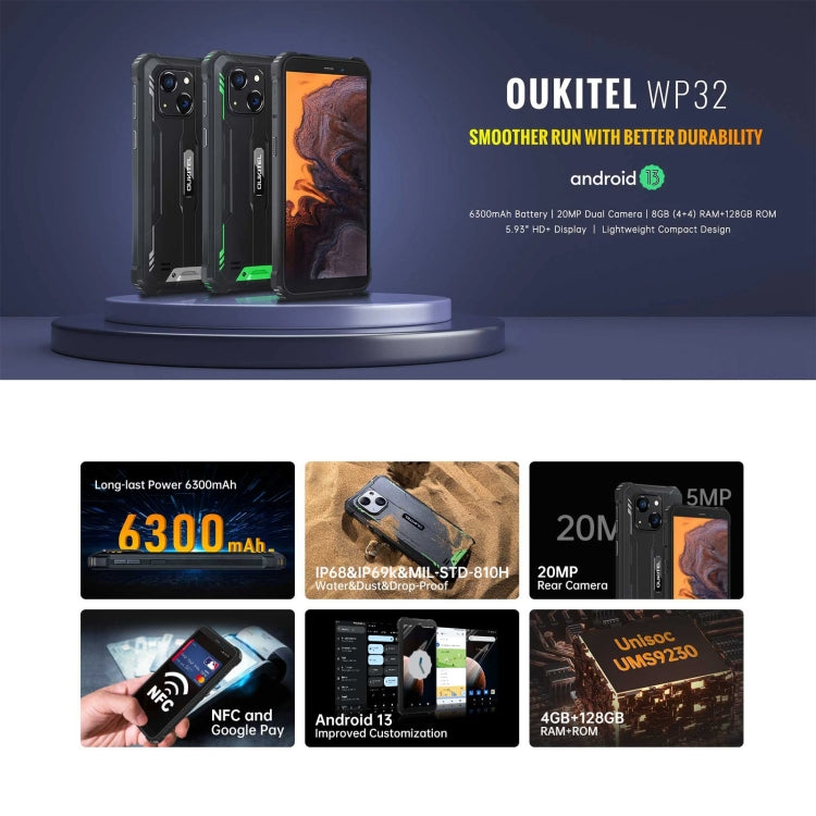 Oukitel WP32, IP68/IP69K, 5.93 inch Android 13 Unisoc Tiger T606 Octa-core, NFC, OTG, Network: 4G, 4GB+128GB – Magnetic, Bluetooth