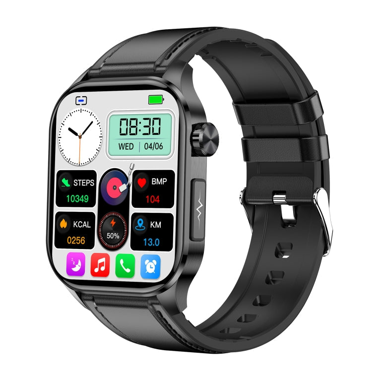 ET580 2.04 inch AMOLED Screen Sports Smart Watch Support Bluetooth Call / ECG Function Black Leather Band