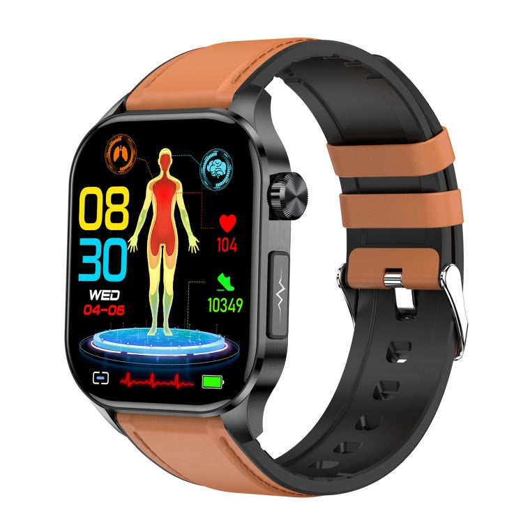 ET580 2.04 inch AMOLED Screen Sports Smart Watch Support Bluetooth Call / ECG Function Brown Leather Band