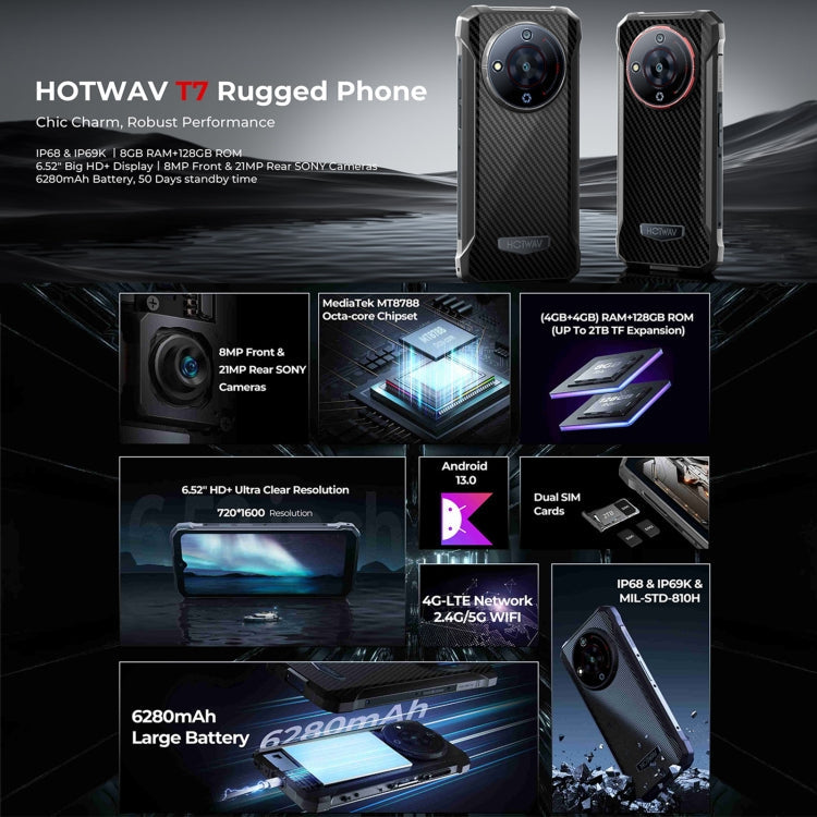 HOTWAV T7 Rugged Phone, 6280mAh, 6.52 inch Android 13 MT8788 Octa Core, Network: 4G, OTG, 4GB+128GB – Magnetic, Bluetooth, Aluminum Alloy