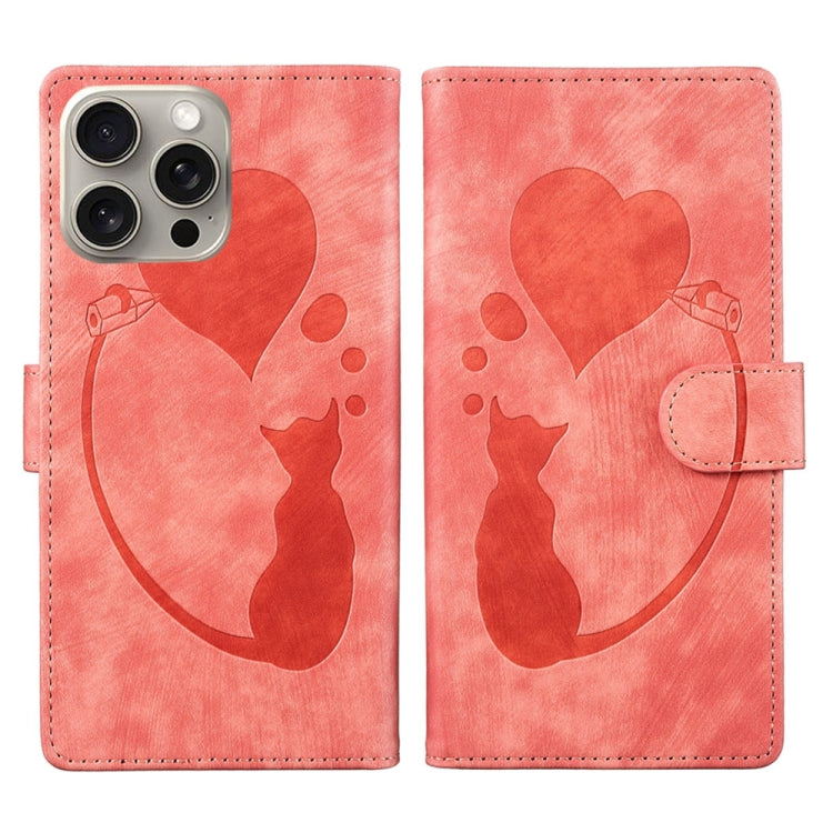 Pen Heart Cat Embossed Leather Phone Case, For iPhone 15 Pro Max, For iPhone 15 Pro, For iPhone 15 Plus, For iPhone 15 For iPhone 15 Pro Max Orange