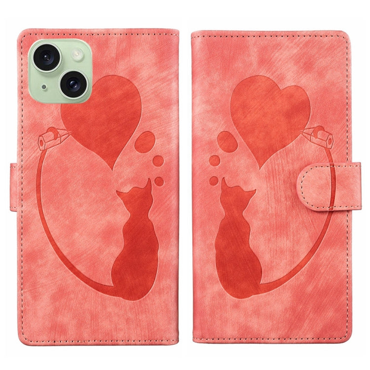Pen Heart Cat Embossed Leather Phone Case – Wear-resistant, Card Slot, Leather, For iPhone 15 Pro Max, For iPhone 15 Pro, For iPhone 15 Plus, For iPhone 15 For iPhone 15 Orange