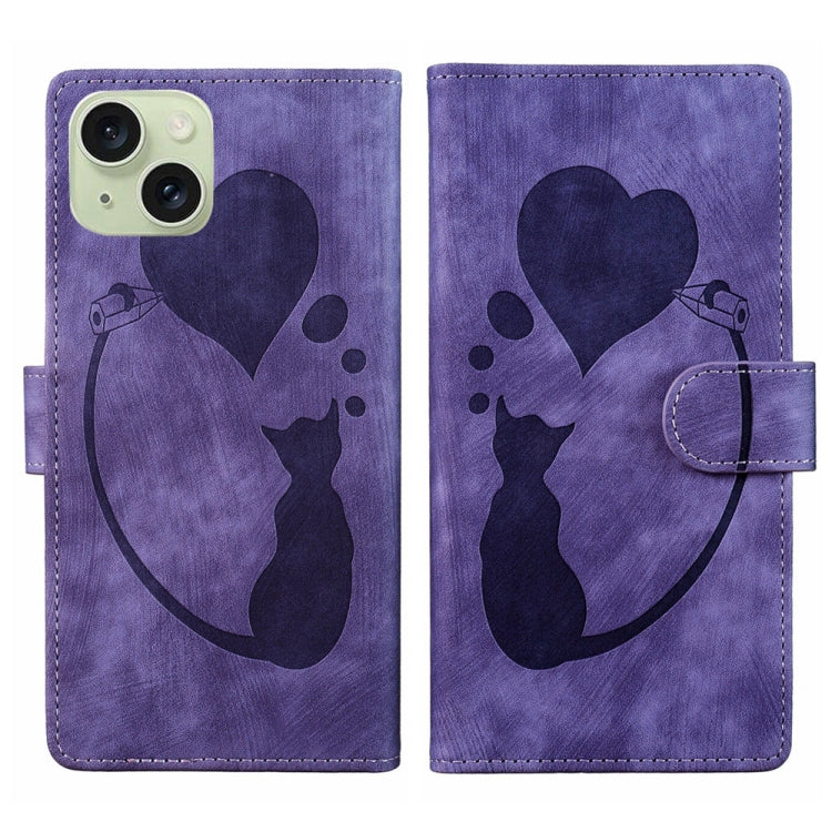 Pen Heart Cat Embossed Leather Phone Case – Wear-resistant, Card Slot, Leather, For iPhone 15 Pro Max, For iPhone 15 Pro, For iPhone 15 Plus, For iPhone 15 For iPhone 15 Purple