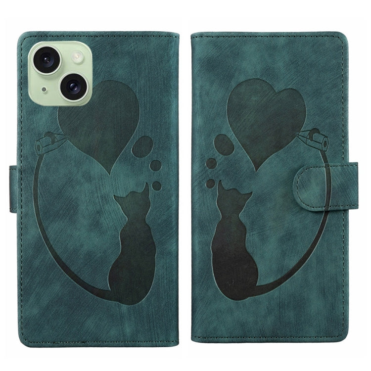 Pen Heart Cat Embossed Leather Phone Case – Wear-resistant, Card Slot, Leather, For iPhone 15 Pro Max, For iPhone 15 Pro, For iPhone 15 Plus, For iPhone 15 For iPhone 15 Green