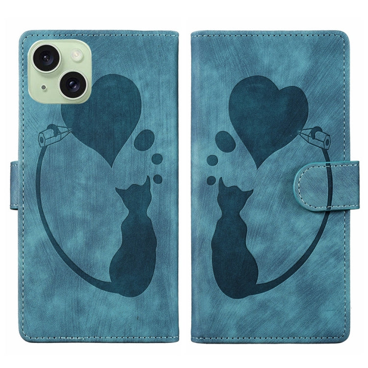 Pen Heart Cat Embossed Leather Phone Case – Wear-resistant, Card Slot, Leather, For iPhone 15 Pro Max, For iPhone 15 Pro, For iPhone 15 Plus, For iPhone 15 For iPhone 15 Blue