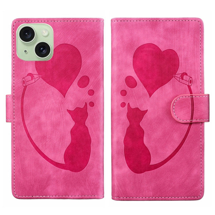 Pen Heart Cat Embossed Leather Phone Case – Wear-resistant, Card Slot, Leather, For iPhone 15 Pro Max, For iPhone 15 Pro, For iPhone 15 Plus, For iPhone 15 For iPhone 15 Pink