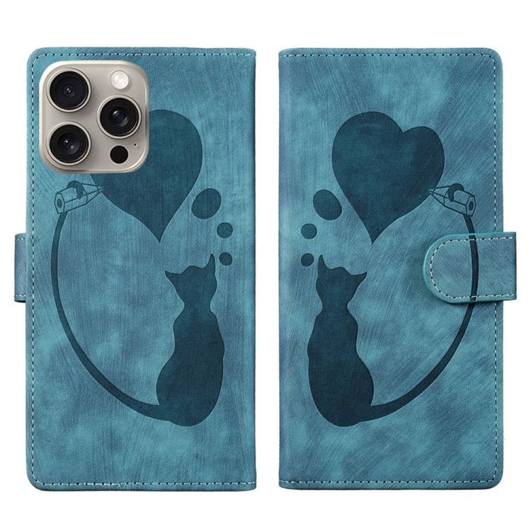 Pen Heart Cat Embossed Leather Phone Case – Wear-resistant, Card Slot, Leather, For iPhone 14 Plus, For iPhone 14, For iPhone 14 Pro, For iPhone 14 Pro Max For iPhone 14 Pro Blue
