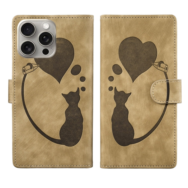 Pen Heart Cat Embossed Leather Phone Case – Wear-resistant, Card Slot, Leather, For iPhone 14 Plus, For iPhone 14, For iPhone 14 Pro, For iPhone 14 Pro Max For iPhone 14 Pro Max Apricot