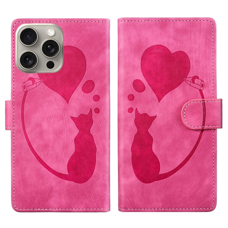 Pen Heart Cat Embossed Leather Phone Case – Wear-resistant, Card Slot, Leather, For iPhone 14 Plus, For iPhone 14, For iPhone 14 Pro, For iPhone 14 Pro Max For iPhone 14 Pro Max Pink