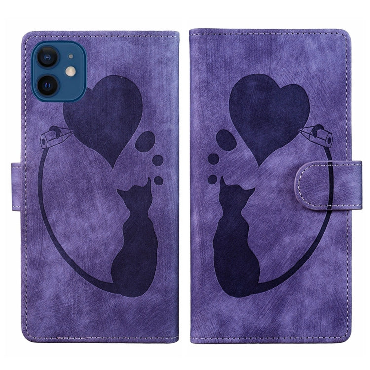 Pen Heart Cat Embossed Leather Phone Case – Wear-resistant, Card Slot, Leather, For iPhone 13 mini, For iPhone 12, For iPhone 12 Pro Max, For iPhone 12 Pro For iPhone 12 Purple