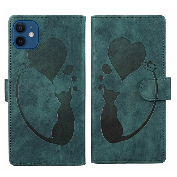 Pen Heart Cat Embossed Leather Phone Case – Wear-resistant, Card Slot, Leather, For iPhone 13 mini, For iPhone 12, For iPhone 12 Pro Max, For iPhone 12 Pro For iPhone 12 Green