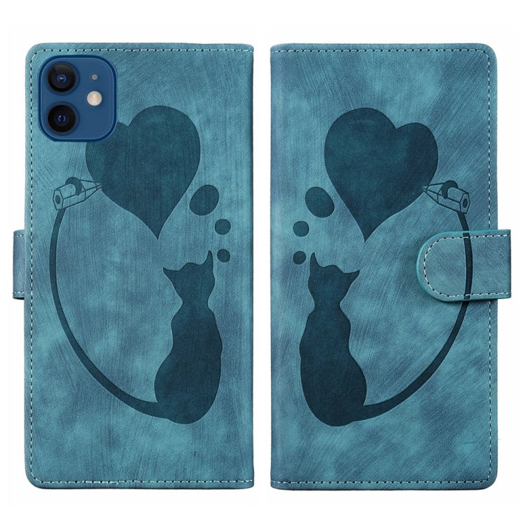 Pen Heart Cat Embossed Leather Phone Case – Wear-resistant, Card Slot, Leather, For iPhone 13 mini, For iPhone 12, For iPhone 12 Pro Max, For iPhone 12 Pro For iPhone 12 Blue