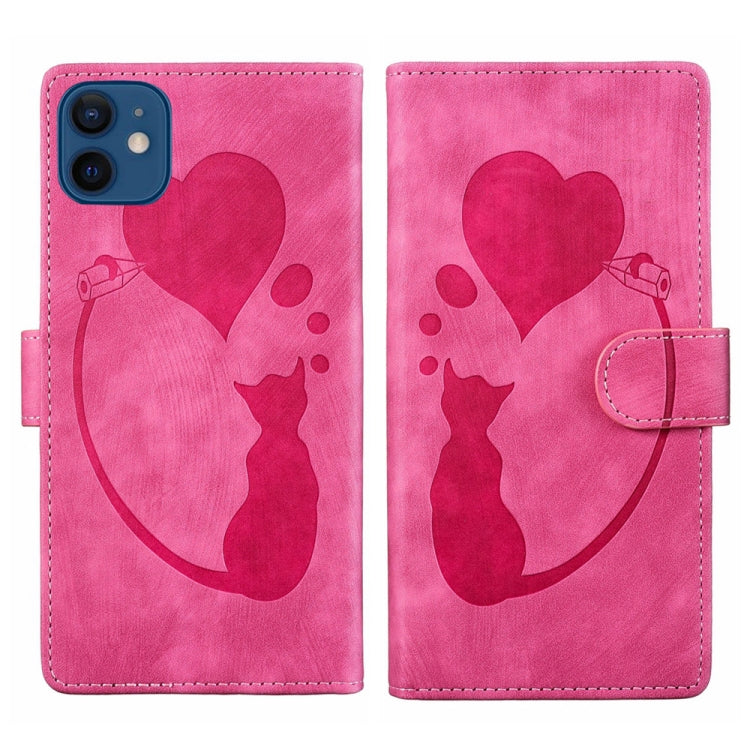 Pen Heart Cat Embossed Leather Phone Case – Wear-resistant, Card Slot, Leather, For iPhone 13 mini, For iPhone 12, For iPhone 12 Pro Max, For iPhone 12 Pro For iPhone 12 Pink