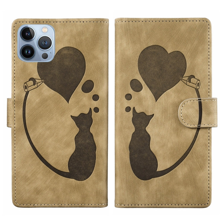 Pen Heart Cat Embossed Leather Phone Case – Wear-resistant, Card Slot, Leather, For iPhone 13 mini, For iPhone 12, For iPhone 12 Pro Max, For iPhone 12 Pro For iPhone 12 Pro Max Apricot