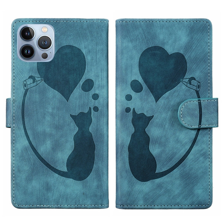 Pen Heart Cat Embossed Leather Phone Case – Wear-resistant, Card Slot, Leather, For iPhone 13 mini, For iPhone 12, For iPhone 12 Pro Max, For iPhone 12 Pro For iPhone 12 Pro Max Blue