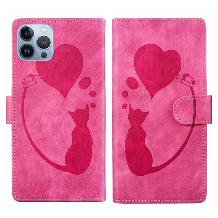 Pen Heart Cat Embossed Leather Phone Case – Wear-resistant, Card Slot, Leather, For iPhone 13 mini, For iPhone 12, For iPhone 12 Pro Max, For iPhone 12 Pro For iPhone 12 Pro Max Pink