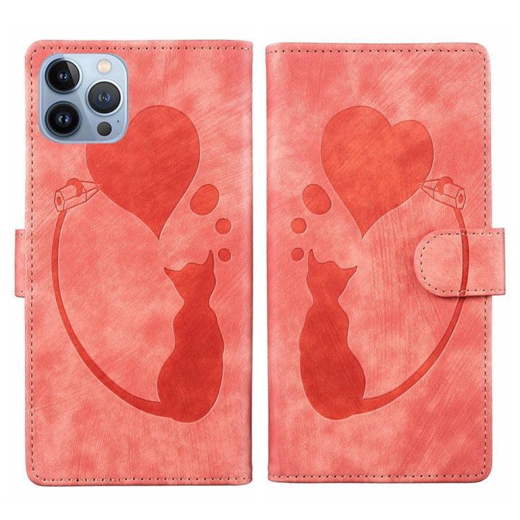 Pen Heart Cat Embossed Leather Phone Case – Wear-resistant, Card Slot, Leather, For iPhone 13 mini, For iPhone 12, For iPhone 12 Pro Max, For iPhone 12 Pro For iPhone 12 Pro Orange