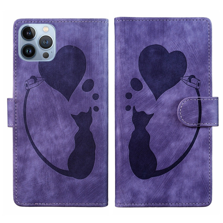 Pen Heart Cat Embossed Leather Phone Case – Wear-resistant, Card Slot, Leather, For iPhone 13 mini, For iPhone 12, For iPhone 12 Pro Max, For iPhone 12 Pro For iPhone 12 Pro Purple