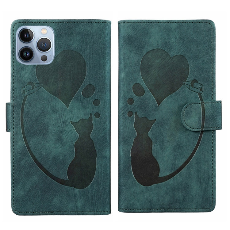 Pen Heart Cat Embossed Leather Phone Case – Wear-resistant, Card Slot, Leather, For iPhone 13 mini, For iPhone 12, For iPhone 12 Pro Max, For iPhone 12 Pro For iPhone 12 Pro Green