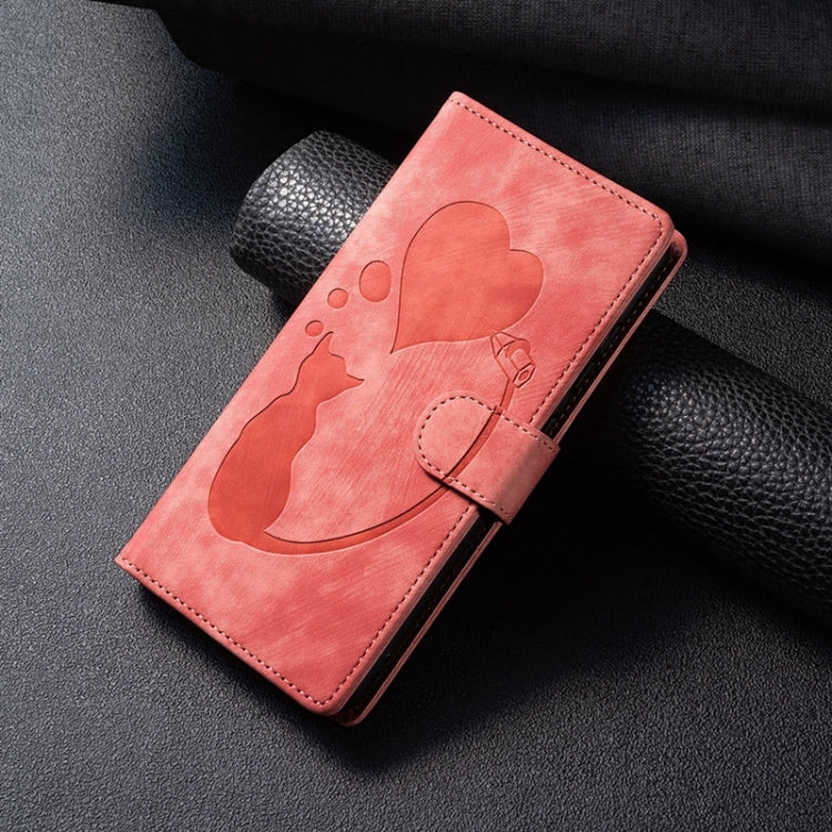 Pen Heart Cat Embossed Leather Phone Case – Wear-resistant, Card Slot, Leather, For iPhone 13 mini, For iPhone 12, For iPhone 12 Pro Max, For iPhone 12 Pro