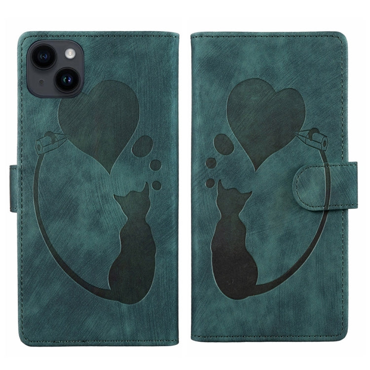 Pen Heart Cat Embossed Leather Phone Case – Wear-resistant, Card Slot, Leather, For iPhone 13 mini, For iPhone 12, For iPhone 12 Pro Max, For iPhone 12 Pro For iPhone 13 mini Green