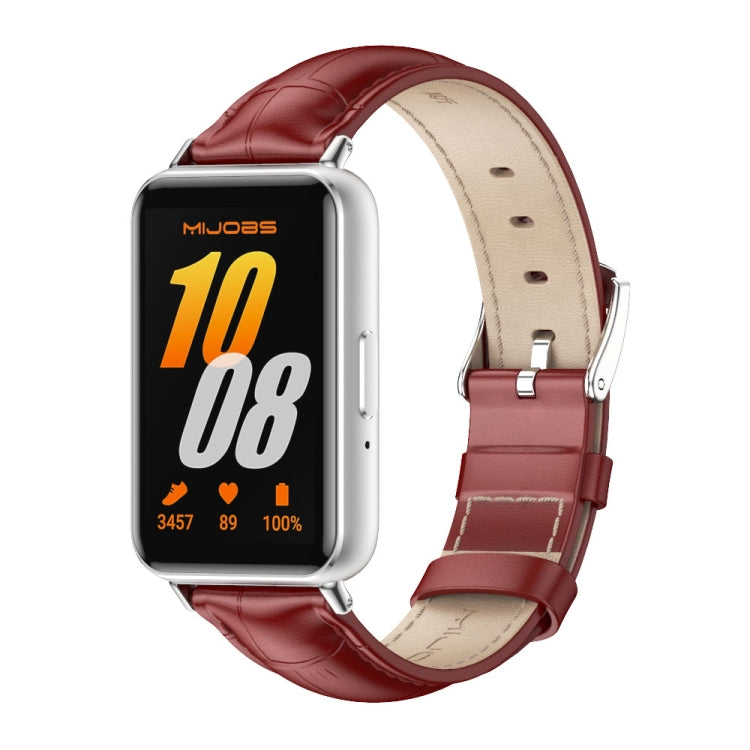 Mijobs Dual-sided Genuine Leather Watch Band, For Samsung Galaxy Fit 3 For Samsung Galaxy Fit 3 Bamboo Red Silver