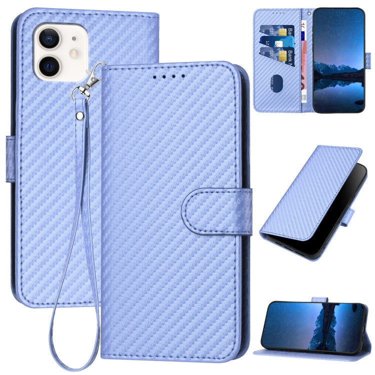 YX0070 Carbon Fiber Buckle Leather Phone Case with Lanyard – Wear-resistant, Lanyard, Card Slot, For iPhone 13 mini, For iPhone 12 / 12 Pro, For iPhone 12 Pro Max For iPhone 12 12 Pro Light Purple