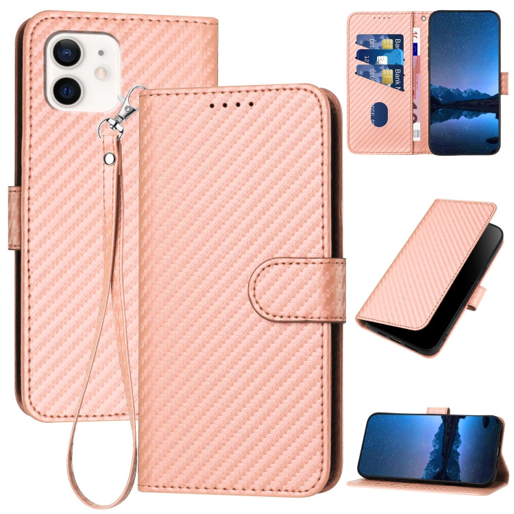 YX0070 Carbon Fiber Buckle Leather Phone Case with Lanyard – Wear-resistant, Lanyard, Card Slot, For iPhone 12 mini, For iPhone 11 Pro Max, For iPhone 11 For iPhone 12 mini Pink