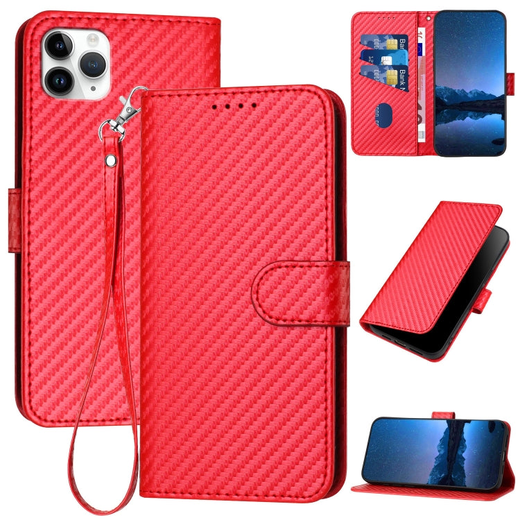 YX0070 Carbon Fiber Buckle Leather Phone Case with Lanyard – Wear-resistant, Lanyard, Card Slot, For iPhone 12 mini, For iPhone 11 Pro Max, For iPhone 11 For iPhone 11 Pro Max Red