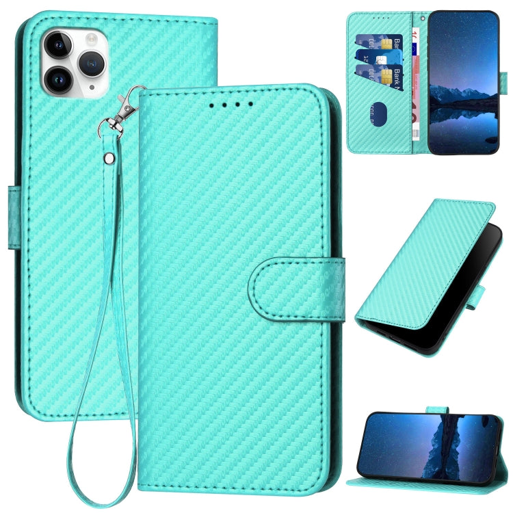 YX0070 Carbon Fiber Buckle Leather Phone Case with Lanyard – Wear-resistant, Lanyard, Card Slot, For iPhone 12 mini, For iPhone 11 Pro Max, For iPhone 11 For iPhone 11 Pro Max Light Blue