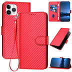 YX0070 Carbon Fiber Buckle Leather Phone Case with Lanyard, For iPhone 11 Pro, For iPhone X / XS, For iPhone XR For iPhone 11 Pro Red
