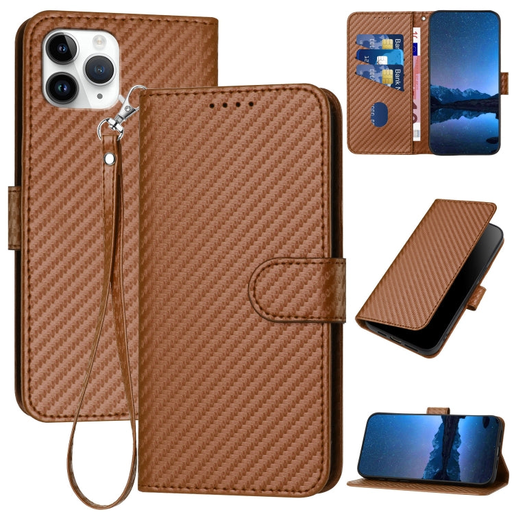 YX0070 Carbon Fiber Buckle Leather Phone Case with Lanyard – Wear-resistant, Lanyard, Card Slot, For iPhone 11 Pro, For iPhone X / XS, For iPhone XR For iPhone 11 Pro Coffee