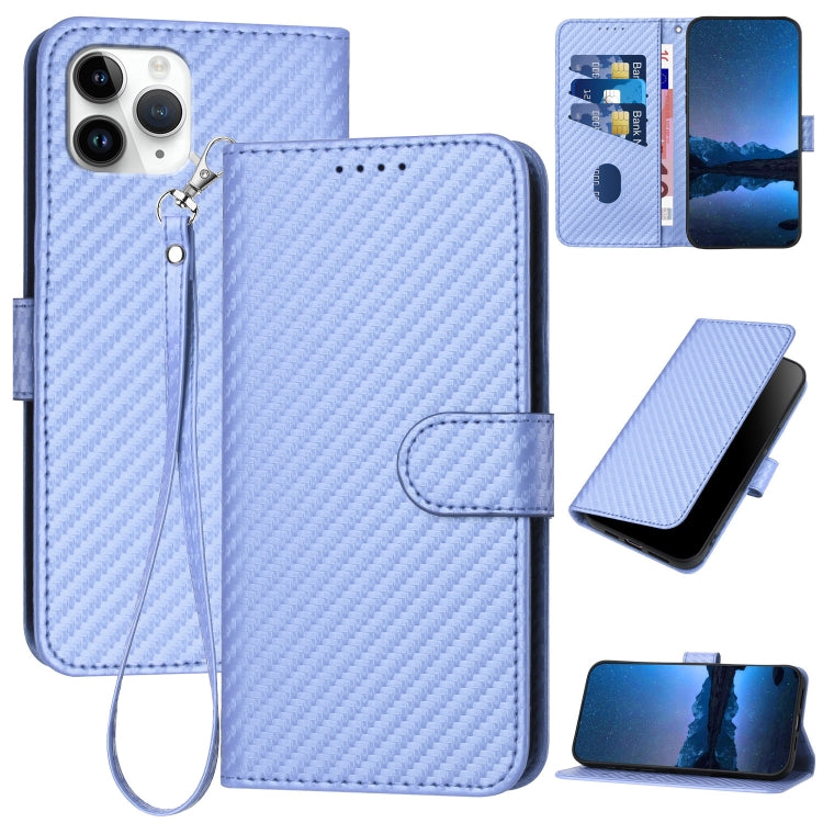 YX0070 Carbon Fiber Buckle Leather Phone Case with Lanyard – Wear-resistant, Lanyard, Card Slot, For iPhone 11 Pro, For iPhone X / XS, For iPhone XR For iPhone 11 Pro Light Purple
